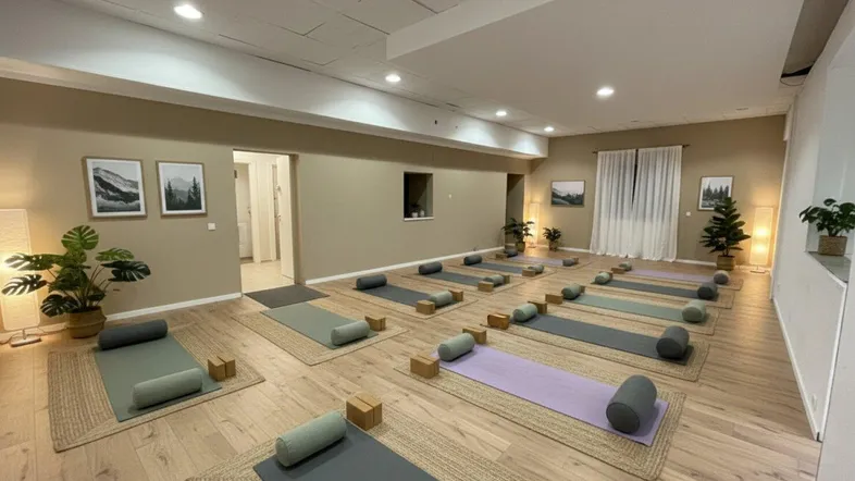 Ruhiger Yogaraum mit Holzboden, Yogamatten und beruhigender Dekoration, perfekt für Entspannung und Kurse.