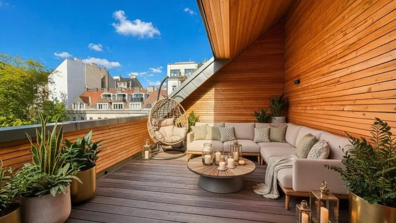 Geräumige Dachterrasse mit bequemen Loungemöbeln, Holzboden und Blick über die Stadt.