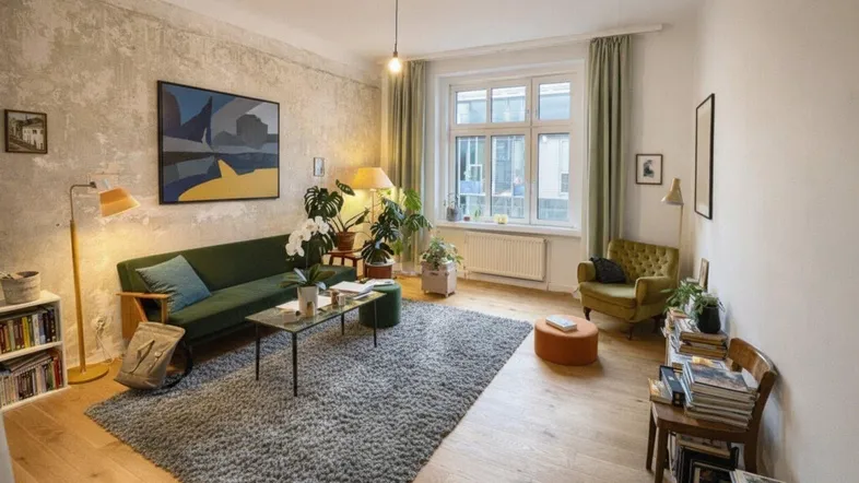 Helles Wohnzimmer mit Holzboden, großen Fenstern und einer strukturierten Wand, gemütlich eingerichtet.