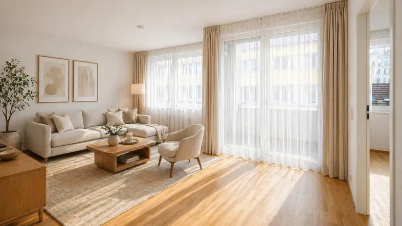 Helles und modern eingerichtetes Wohnzimmer mit beigem Sofa, Holzboden und Zugang zum Balkon.