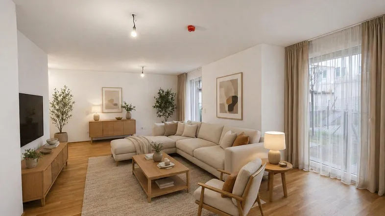 Helles und modern eingerichtetes Wohnzimmer mit beigem Ecksofa, Holzboden und Zugang zum Außenbereich.