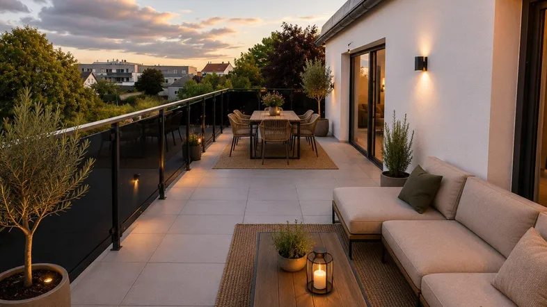 Große, möblierte Dachterrasse mit Essbereich und Lounge-Sofa, ideal für entspannte Abende im Freien.