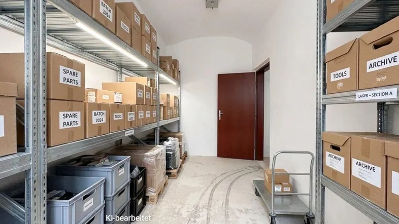 Geräumiger Lagerraum mit stabilen Metallregalen, gefüllt mit Kartons und einem Transportwagen auf Betonboden.