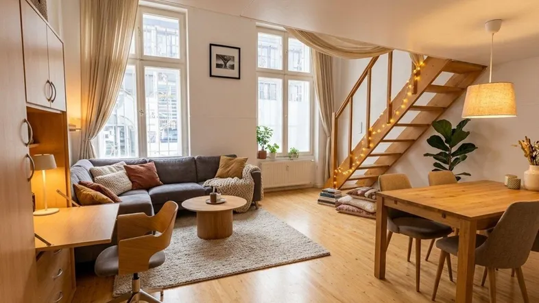 Helles Wohn- und Esszimmer mit Holzfußboden, offener Treppe und gemütlicher Sitzecke.