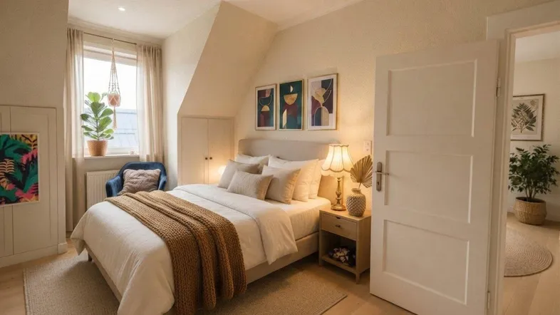 Gemütliches Schlafzimmer mit Dachschräge, hellem Holzboden und moderner Einrichtung.