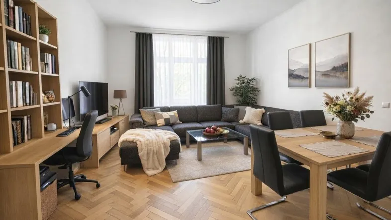 Heller Wohn- und Essbereich mit Fischgrätparkett, gemütlichem Sofa und integriertem Arbeitsplatz.