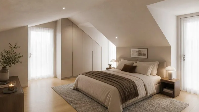 Helles Schlafzimmer im Dachgeschoss mit schrägen Wänden, Einbauschränken und Holzboden.