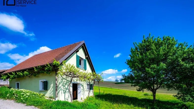 Ländliches Haus mit grüner Fassade und rotem Dach, umgeben von Wiesen unter blauem Himmel.