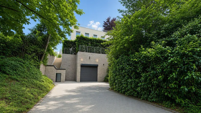 Zufahrt zur Tiefgarage eines modernen Gebäudes, umgeben von üppigem Grün und Bäumen.