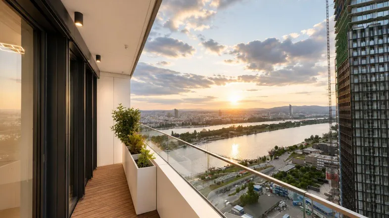 Moderner Balkon mit Holzboden und Glasgeländer, bietet einen weiten Blick über die Stadt und den Fluss bei Sonnenuntergang.