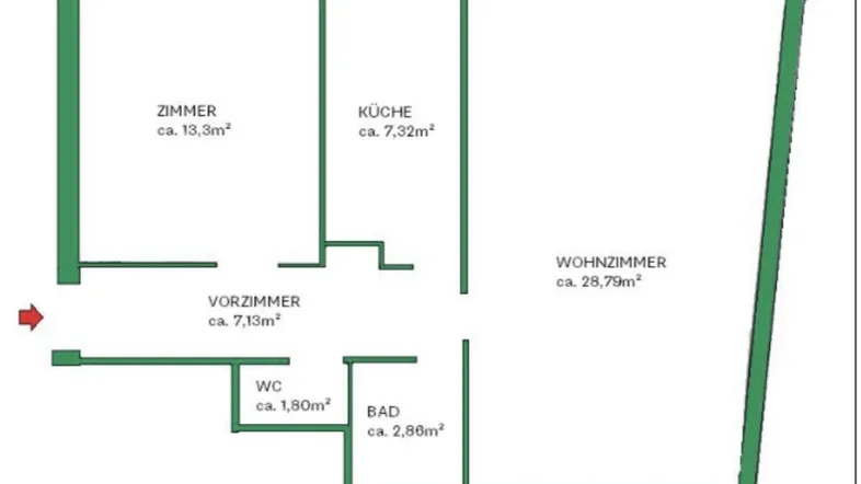 Grundriss einer Wohnung mit separatem Zimmer, Küche, Wohnzimmer, Vorzimmer, WC und Bad.