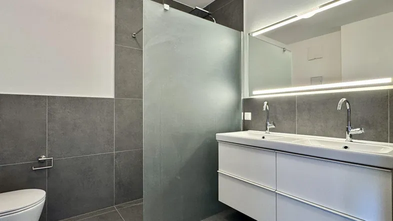 Modernes Badezimmer mit Doppelwaschbecken, großer begehbarer Dusche und eleganten grauen Fliesen.