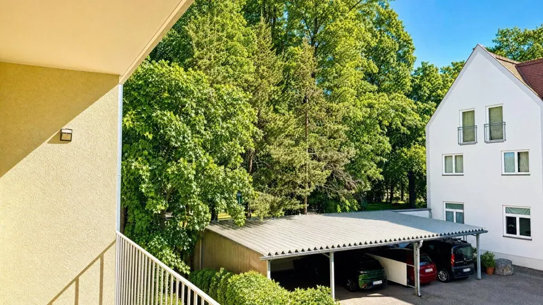 Blick vom Balkon auf einen begrünten Innenhof mit Carport und umliegenden Gebäuden.