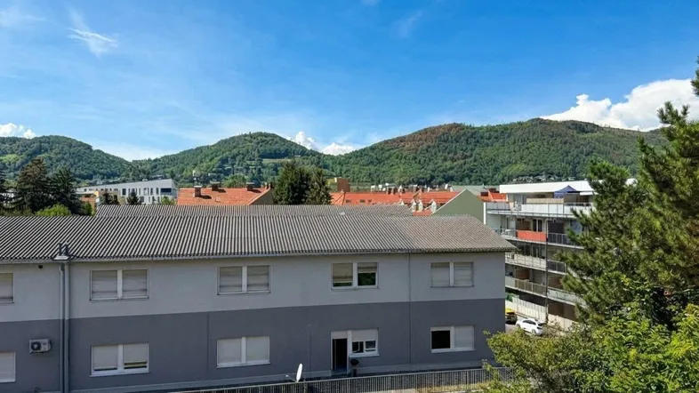 Weitblick über umliegende Wohngebäude und bewaldete Hügel unter strahlend blauem Himmel.