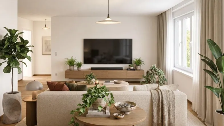 Helles Wohnzimmer mit modernem Sofa, Holzboden und vielen Pflanzen, ideal zum Entspannen.
