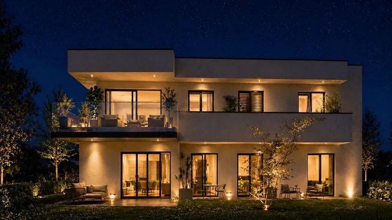 Moderne Wohnanlage bei Nacht mit beleuchteten Terrassen und Balkonen, umgeben von gepflegter Gartenlandschaft.
