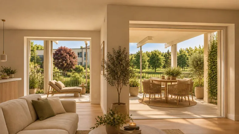 Helles Wohnzimmer mit Holzboden, beigem Sofa und Zugang zu einer großen Terrasse mit Essbereich und Gartenblick.