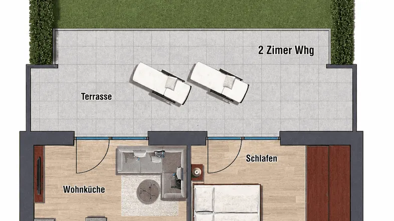 Grundriss einer 2-Zimmer-Wohnung mit offener Wohnküche, Schlafzimmer, Bad, separatem WC, Terrasse und Garten.