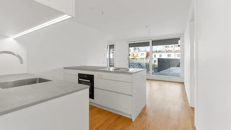 Moderne offene Küche mit Kochinsel, integriertem Backofen und Zugang zur Terrasse.