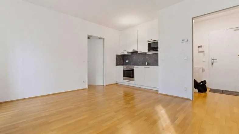 Helles Wohnzimmer mit integrierter Küche, Parkettboden und weiß gestrichenen Wänden.