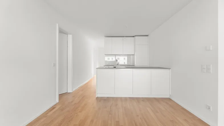 Lichtdurchfluteter Wohnbereich mit integrierter Küchenzeile und Holzboden.