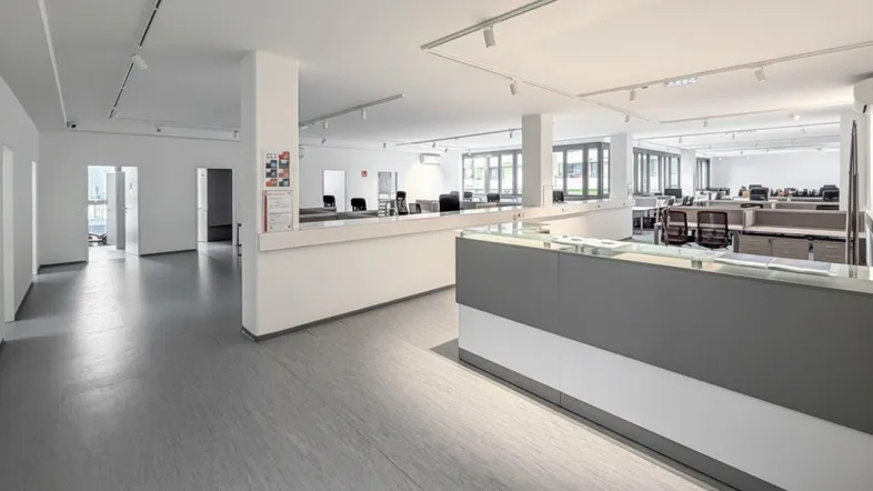 Geräumiger Empfangsbereich und offenes Büro mit modernen Arbeitsplätzen und viel natürlichem Licht.