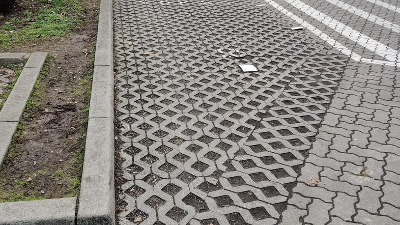 Außenparkplatz mit Rasengittersteinen und angrenzendem Grünstreifen in städtischer Umgebung.