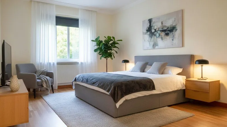 Helles Schlafzimmer mit Holzboden, großem Bett und moderner Kunst an der Wand.