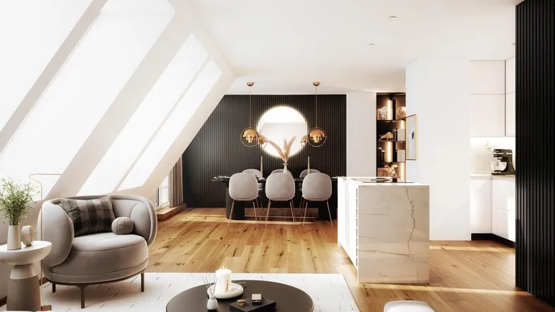 Heller, offener Wohn-Essbereich mit Holzboden, Dachschrägen und moderner Einrichtung.