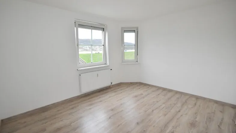 Leerer Raum mit Laminatboden, weißen Wänden und zwei Fenstern, die Tageslicht hereinlassen.