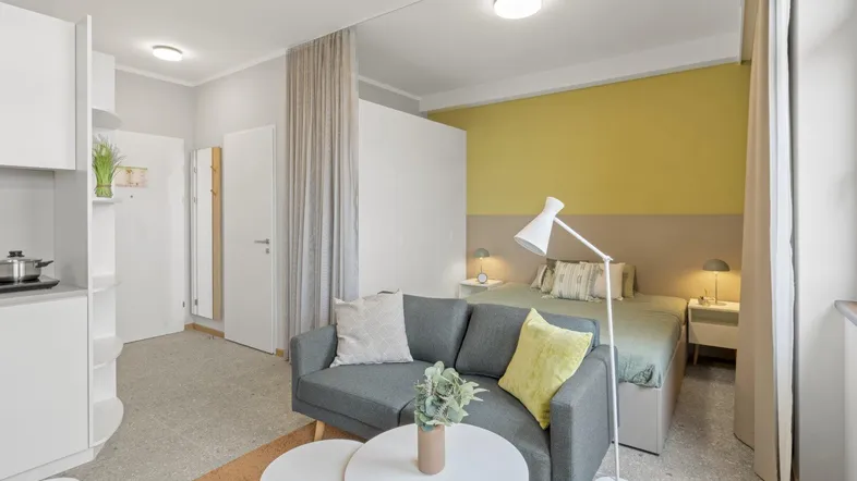 Helles Studio-Apartment mit kombiniertem Wohn-, Schlaf- und Küchenbereich, modern eingerichtet.
