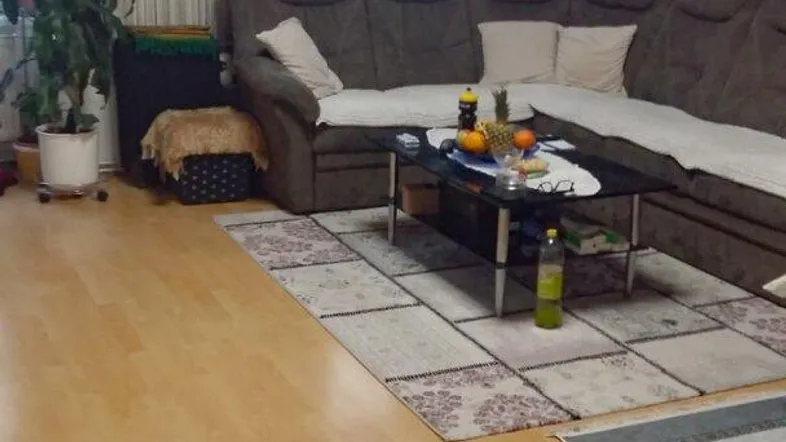 Helles Wohnzimmer mit braunem Ecksofa, Holzboden und Blick nach draußen durch große Fenster.
