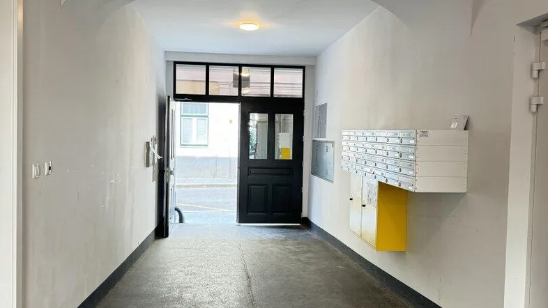 Langer Eingangsbereich mit dunklem Boden, weißen Wänden und Briefkästen, der zur Haustür führt.