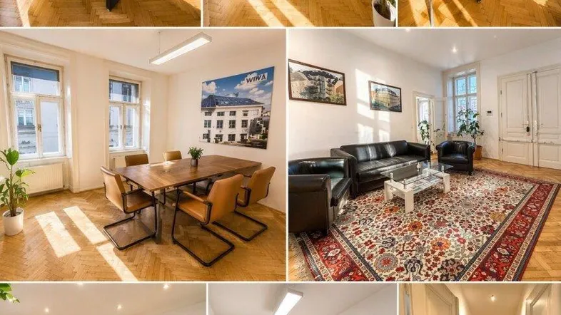 Übersichtliche Collage verschiedener Innenräume, darunter Büros, Besprechungszimmer und eine Küche.