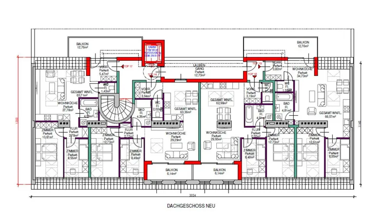 Grundriss des Dachgeschosses mit mehreren Wohneinheiten, Balkonen und klarer Raumaufteilung.