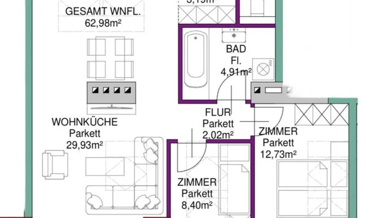 Grundriss einer Wohnung mit offener Wohnküche, zwei Zimmern, Bad, WC und Balkon.