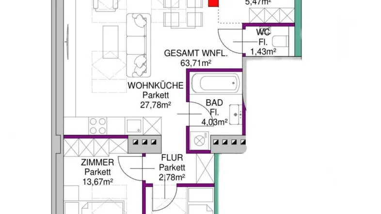 Grundriss einer Wohnung mit Wohnküche, zwei Zimmern, Bad, WC und einem Balkon.