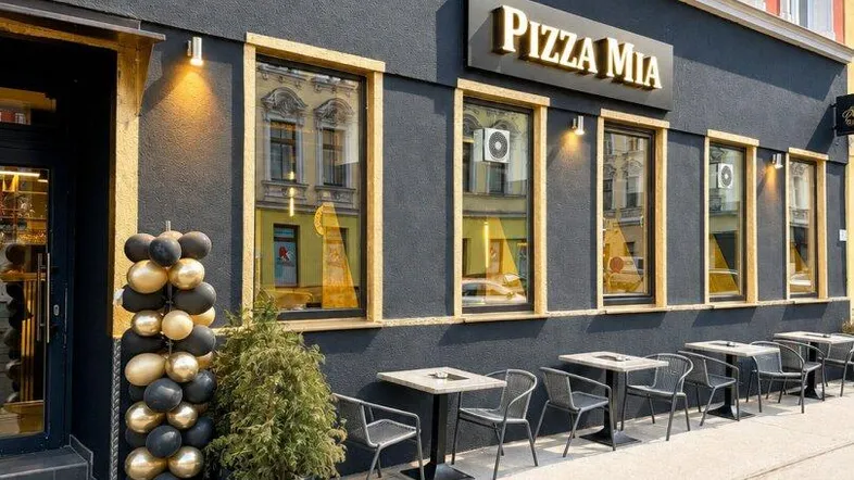 Außenansicht des Restaurants "Pizza Mia" mit Tischen und Stühlen auf dem Bürgersteig für Gäste.