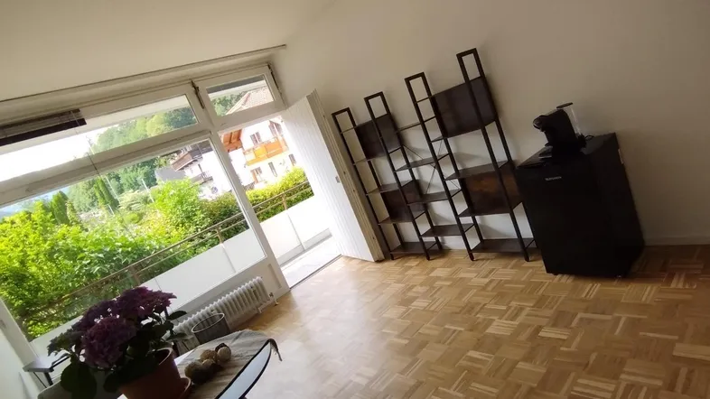 Helles Wohnzimmer mit Parkettboden, großen Fenstern und Blick ins Grüne.