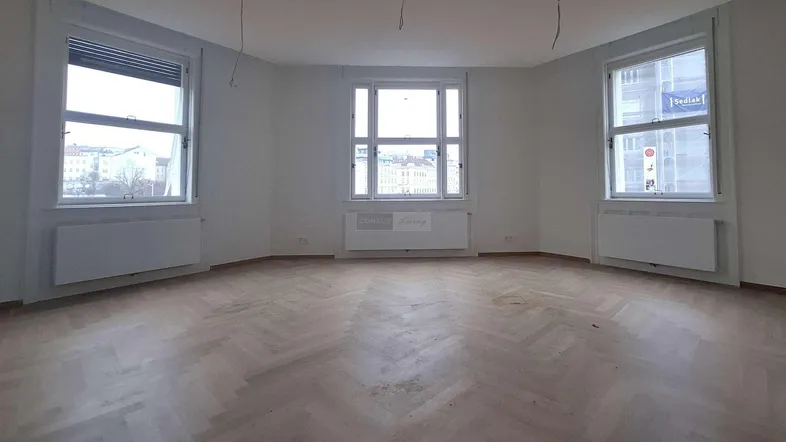 Geräumiges, leeres Zimmer mit Fischgrätparkett und mehreren Fenstern, das viel natürliches Licht hereinlässt.