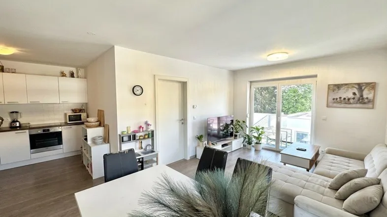 Heller offener Wohn-Essbereich mit integrierter Küche, modernem Sofa und Zugang zum Balkon.