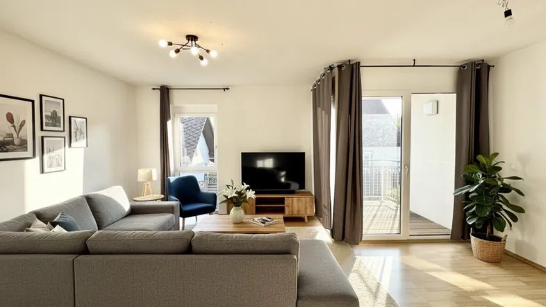 Helles Wohnzimmer mit großem Sofa, Holzboden und Zugang zum Balkon, modern eingerichtet.