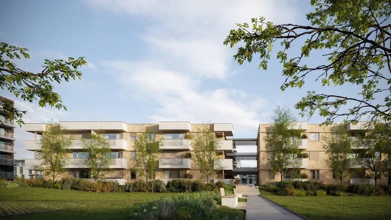 Moderne Wohnanlage mit ansprechender Architektur, Balkonen und gepflegten Grünflächen.