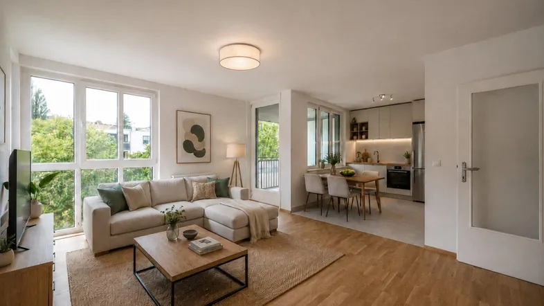 Helles, offenes Wohn-Esszimmer mit integrierter Küche, Parkettboden und Zugang zum Balkon.