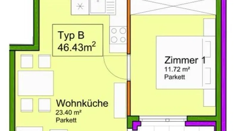 Grundriss einer Wohnung mit Wohnküche, Schlafzimmer, Bad und Loggia.