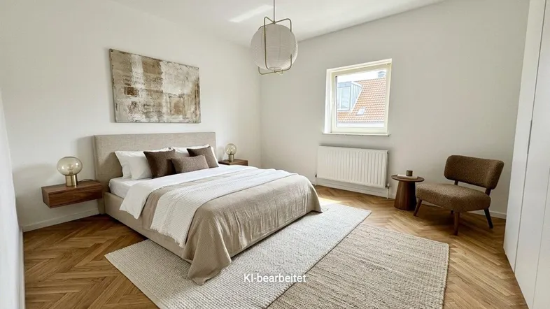 Modernes Schlafzimmer mit Fischgrätparkett, beigem Bett und schwebenden Nachttischen, hell und einladend gestaltet.