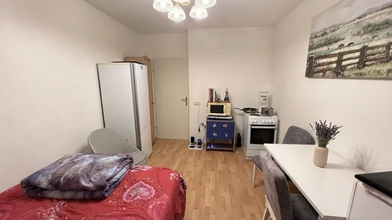 Helles Zimmer mit Bett, Esstisch und kleiner Küchenzeile, ideal für Einzelpersonen.
