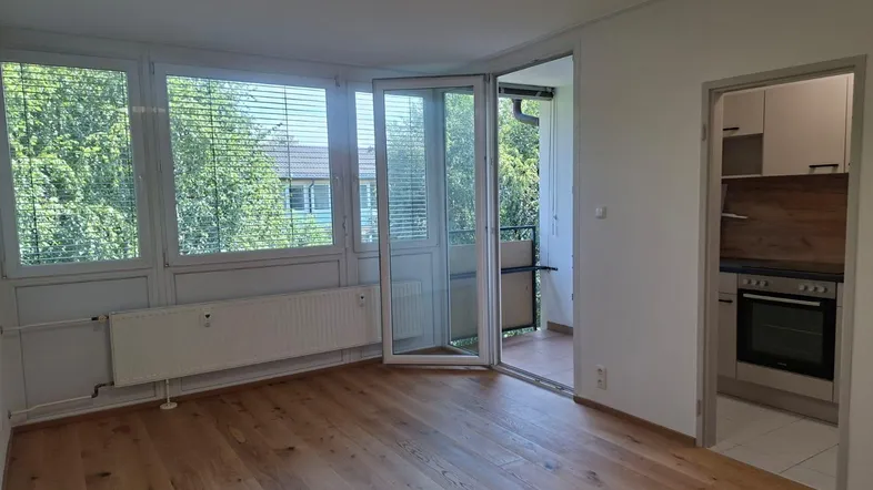 Heller Raum mit Holzboden, großen Fenstern und Zugang zu einem kleinen Balkon, daneben eine Kochnische.