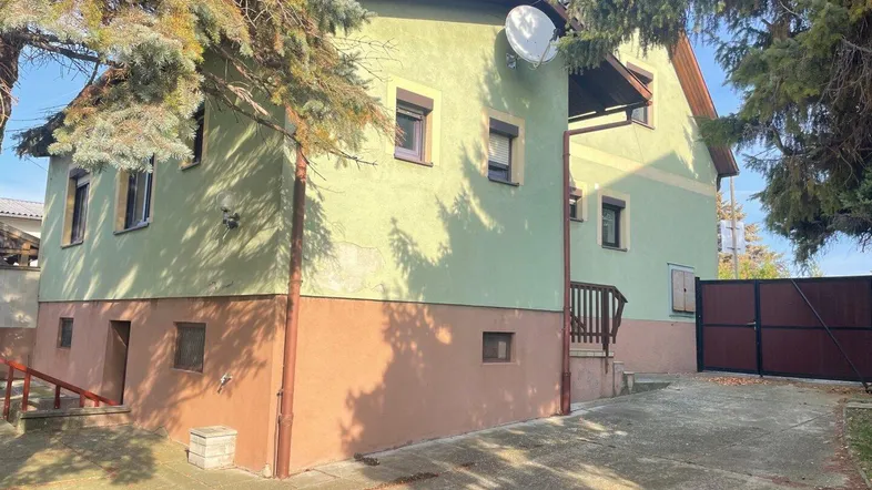 Seitenansicht des Hauses mit grünlicher Fassade, braunem Sockel und sichtbaren Fallrohren.