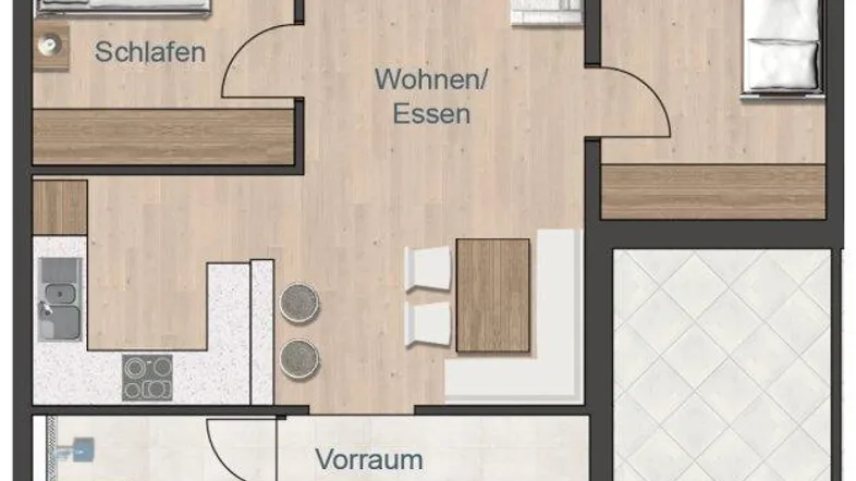 Detaillierter Grundriss der Wohnung mit Schlafzimmer, Kinderzimmer, Wohn-/Essbereich und Balkon.